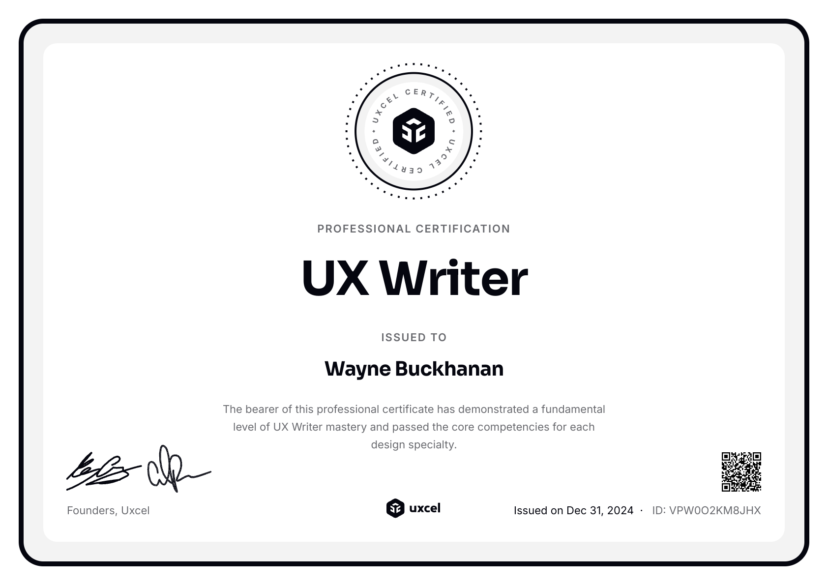 Wayne Buckhanan's certificate